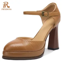 PRXDONG Genuine Cow Leather Women Shoes 2025 New Spring SUmmer High Heels Platform Black Brown Dress Party Office Lady Pumps 39