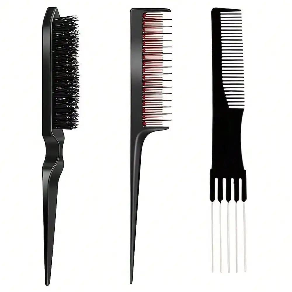 3pcs Hair Styling Comb Set | Teasing Backcombing Brush + Stainless Steel Pin Rat Tail Parting Comb