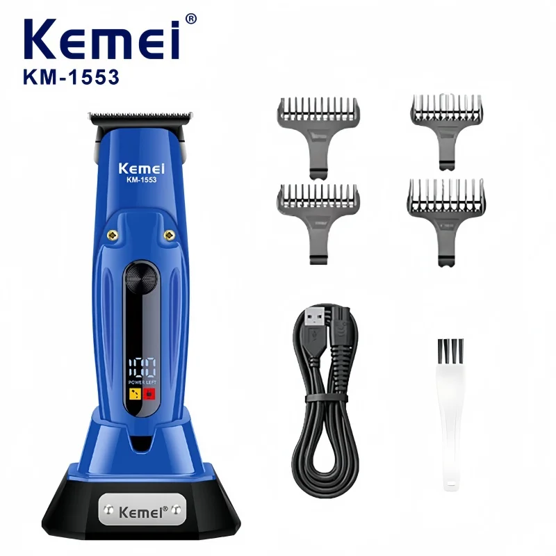 

Kemei KM-1553 Professional Hair Clipper for Salon, USB Rechargeable with Stand, Smart LED Display, Men's Grooming Trimmer.