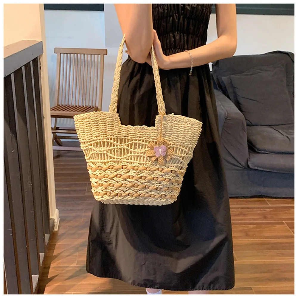 Brand Letter Straw Handbag for Women Hollow Paper Woven Big Tote Summer Beach Bag Ladies Fashion Shoulder Bag Shopper purse 2024