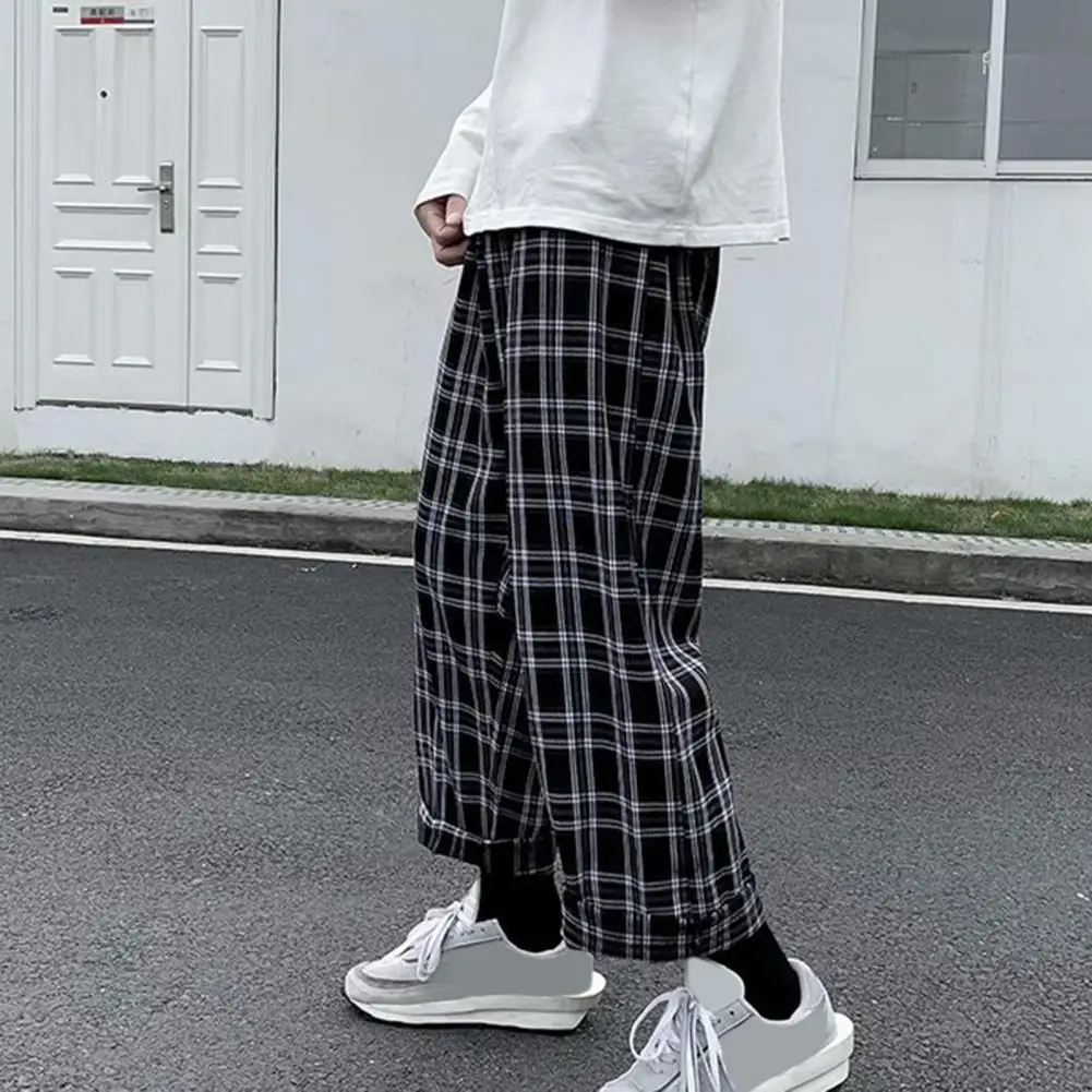 2024 Oversize Men Sweatpants Black Plaid Casual Pants Baggy Elastic Waist Pockets Student Wide Leg Pants Hip Hop Loose Trousers