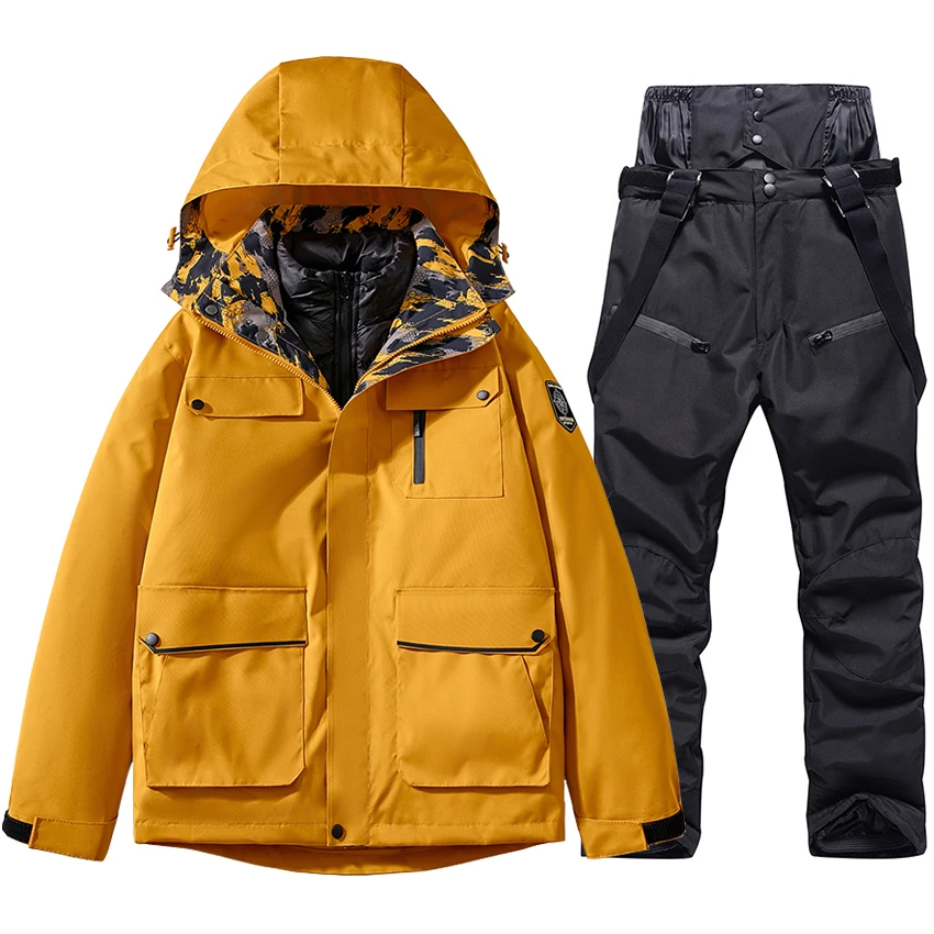 Winter Ski Suit Cotton Down Jacket and Strap Pants Outdoor Waterproof Windproof Snow Costumes Warm Snowboard Wear Male Overalls