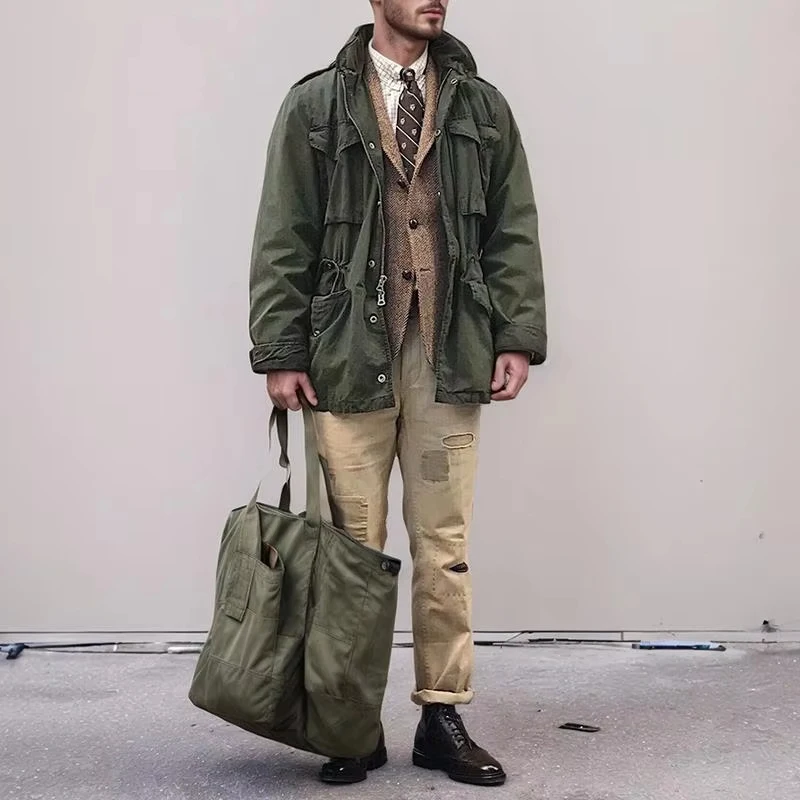 

Vintage Men's Cargo Jacket Coat 2025 Fall Winter Streetwear Fashion Multi Pockets Lapel Cardigan Men Trendy Solid Color Jackets
