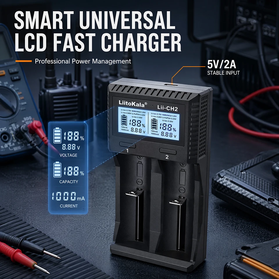 CH2 Multi-Function Smart Battery Charger, Dual-Slot LCD Display,Supports 1.5V Li-ion, 3.7V, 3.8V, LiFePO4, Ni-MH, AA, AAA, 18650