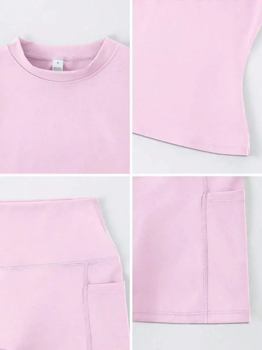 Women's Sweet Sports Short Sleeve High Waist Tummy Control Butt Lifting Shorts Set