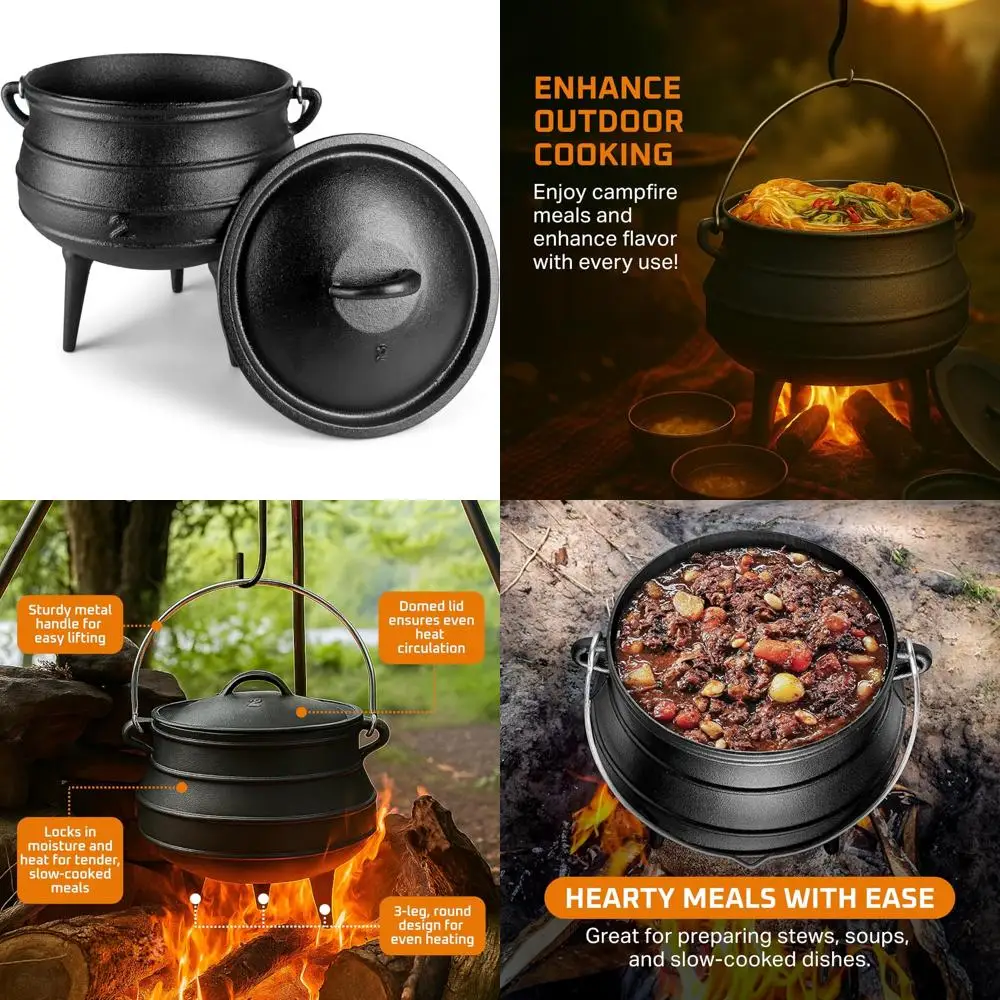 

Pre-Seasoned Cast Iron African Potjie Pot - 6 Quart 3-Legged Dutch Oven for Camping and Outdoor Cooking