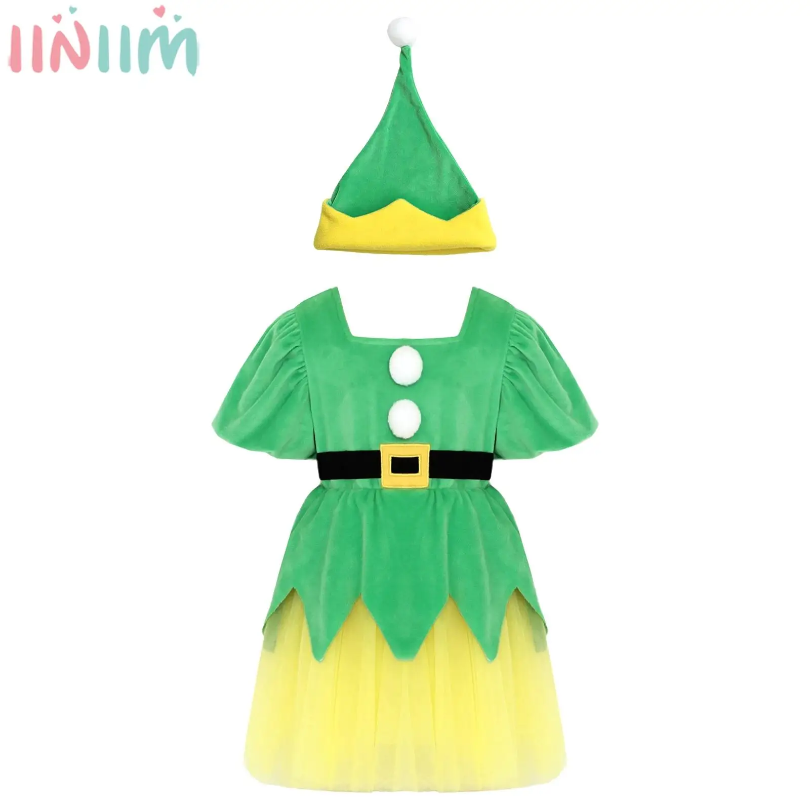 

Kids Girls Christmas Party Dress Xmas Fairy Elf Santa Helper Cosplay Performance Costume Puffy Short Sleeve Mesh Tutu with Hat