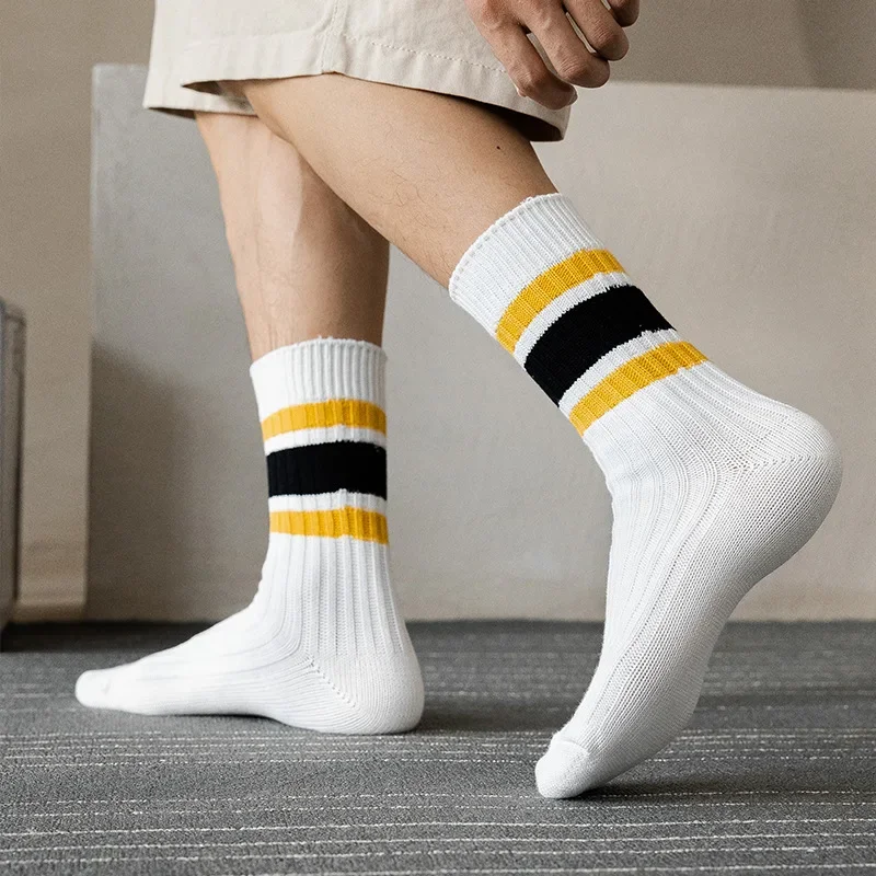 New Fashion Color Block Striped Mid-calf Sports Socks Men Women Breathable Cotton Socks Outdoor Running Basketball Cycling Socks