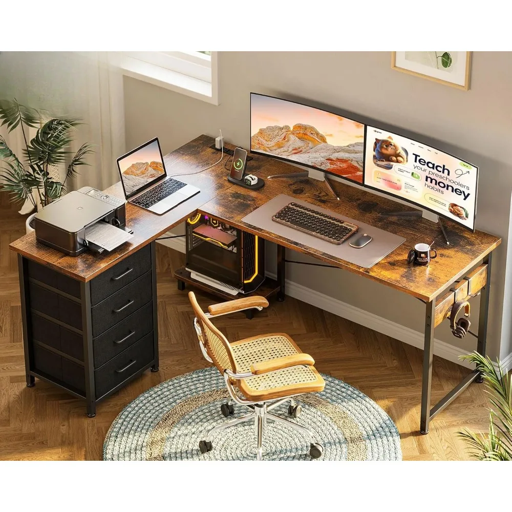 

L-shaped desk with 4 drawers, with power outlet, with USB charging port and host stand, home office corner desk