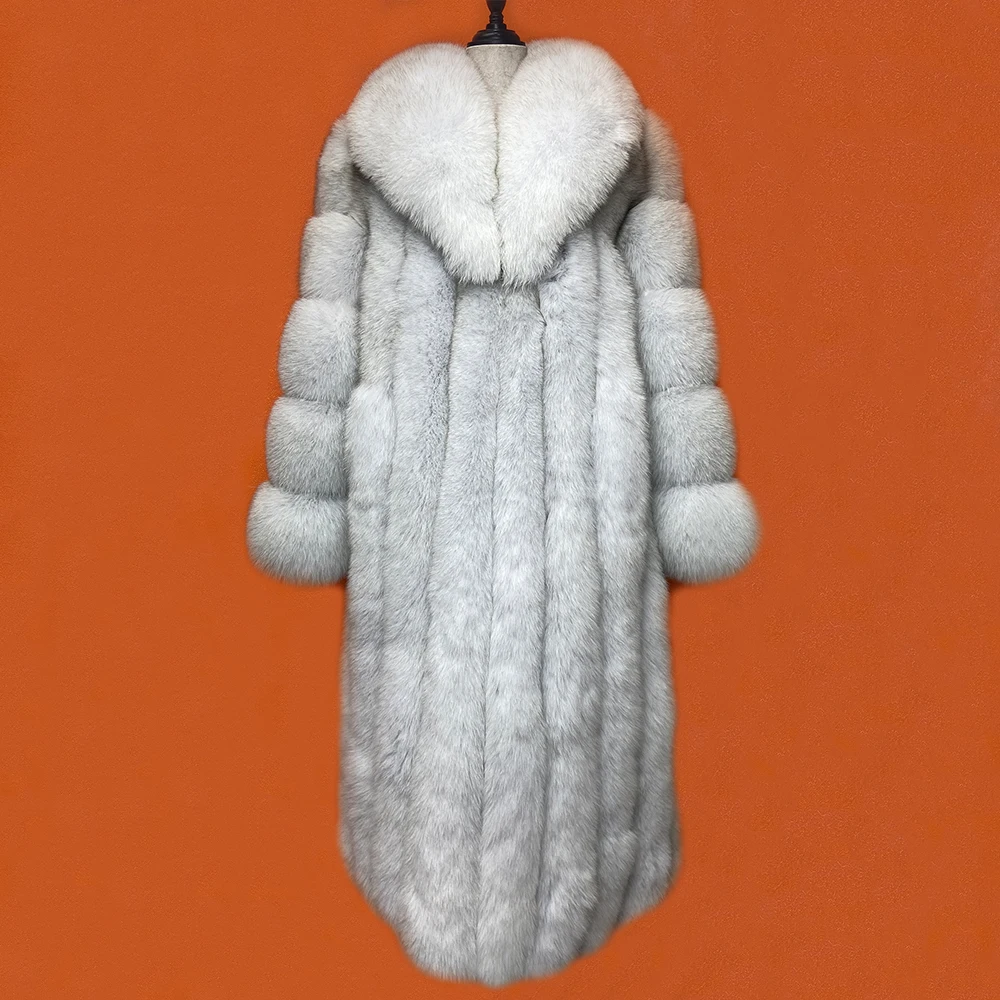 

Top Quality Women's Genuine Fox Fur Coat Long Winter Luxurious Furry Jacket Thick Warm Turn-Down Collar Plus Size Overcoat