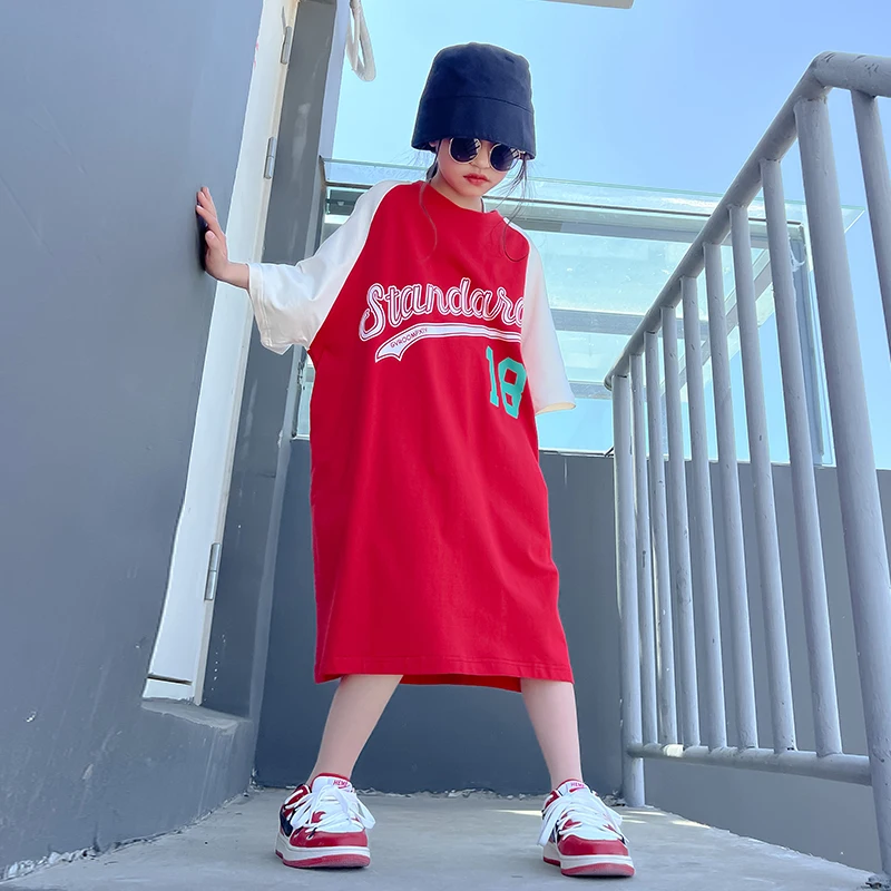 Personality Girls T-shirt Summer lengthen big t shirts loose Dresses Cotton Letter Tees dress Long T-shirts Children's vestidos