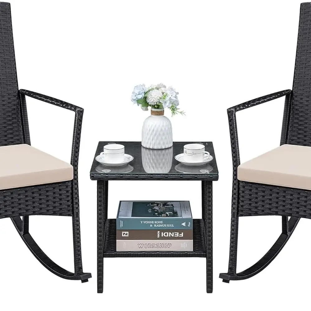 Beige Outdoor Patio Furniture Set: 3pc Wicker Rocking Chairs with Glass Top Coffee Table for Garden, Backyard, or Poolside