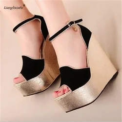 LLXF Small Yards:30 31 32 Summer Wedges Sandals Plus:42 43 Stiletto 15cm High-Heeled Platform Buckle Shoes Women Wedding Pumps