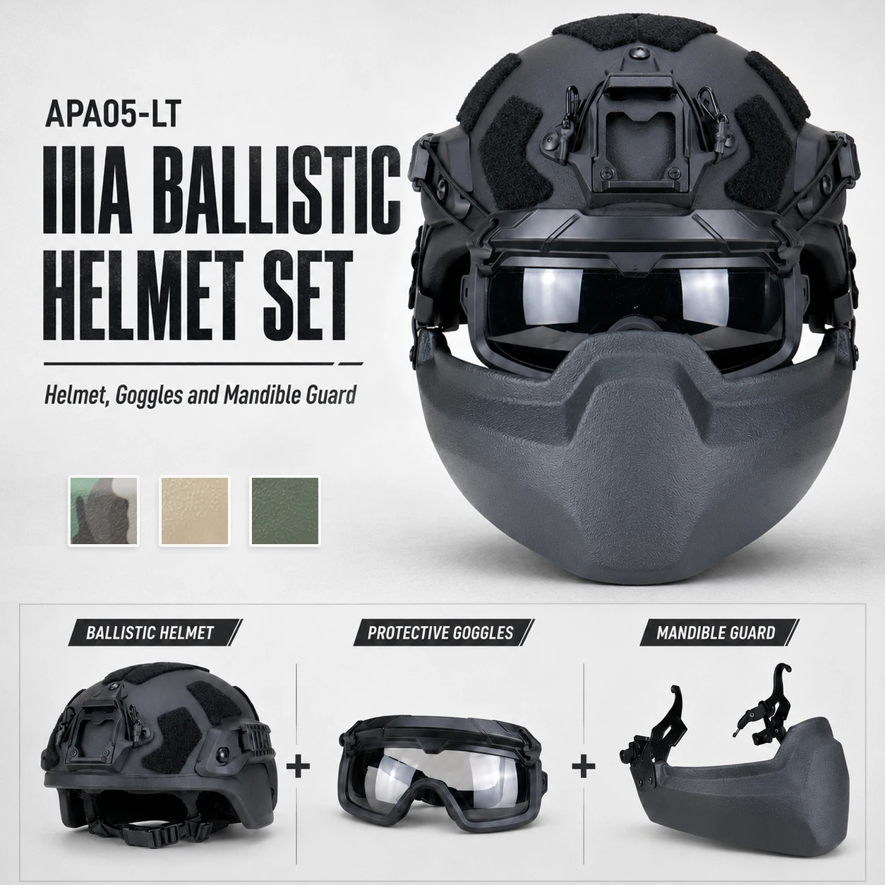 NIJ IIIA Ballistic FAST Helmet Set with Goggles Mask Lightweight Tactical Combat Helmet for Military Airsoft Shooting Protection
