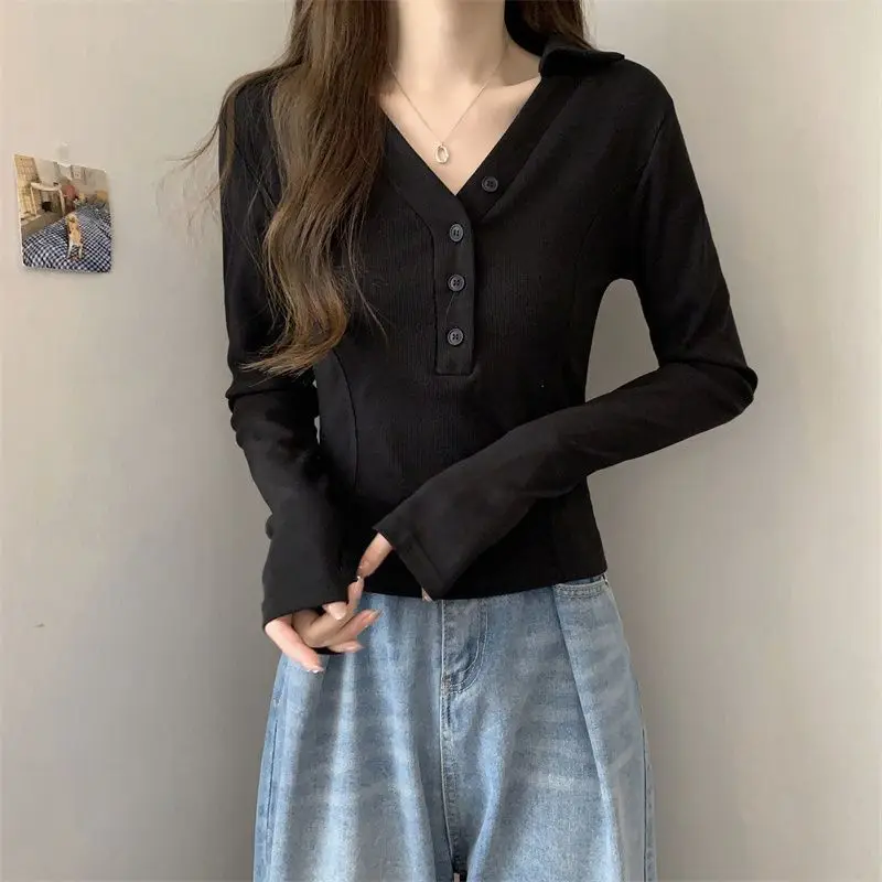Women's V-Neck Bodycon Slimming Long Sleeve Polo Top Waist Fitted Short Chic Distinctive Tee Spring Fall