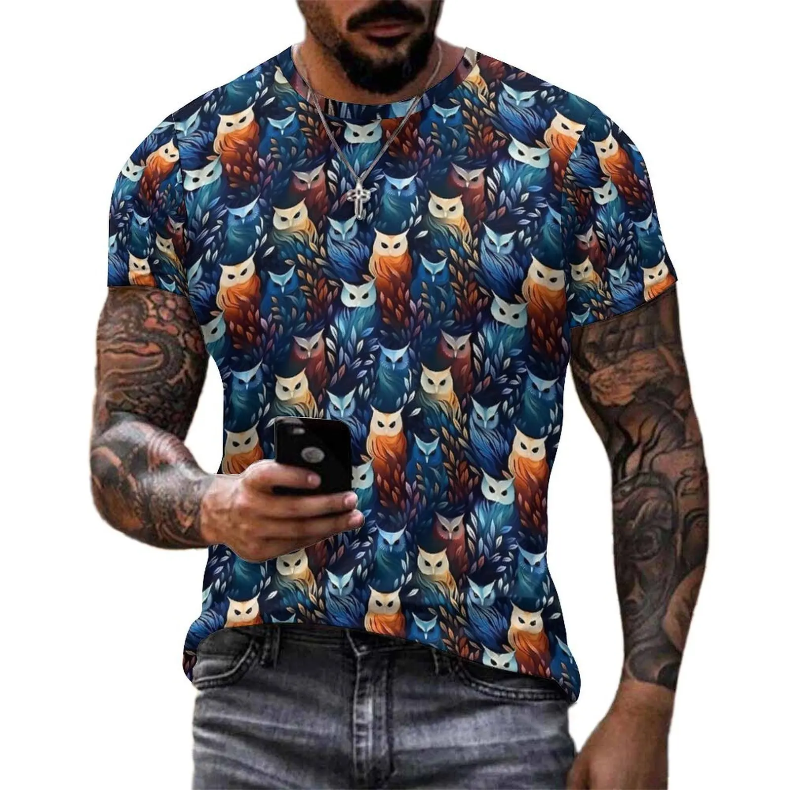 Summer T-Shirt Vibrant Bold Owl T Shirts Abstract Aniaml Y2K Vintage Tee Shirt For Men Short-Sleeved Graphic Big Size Clothes