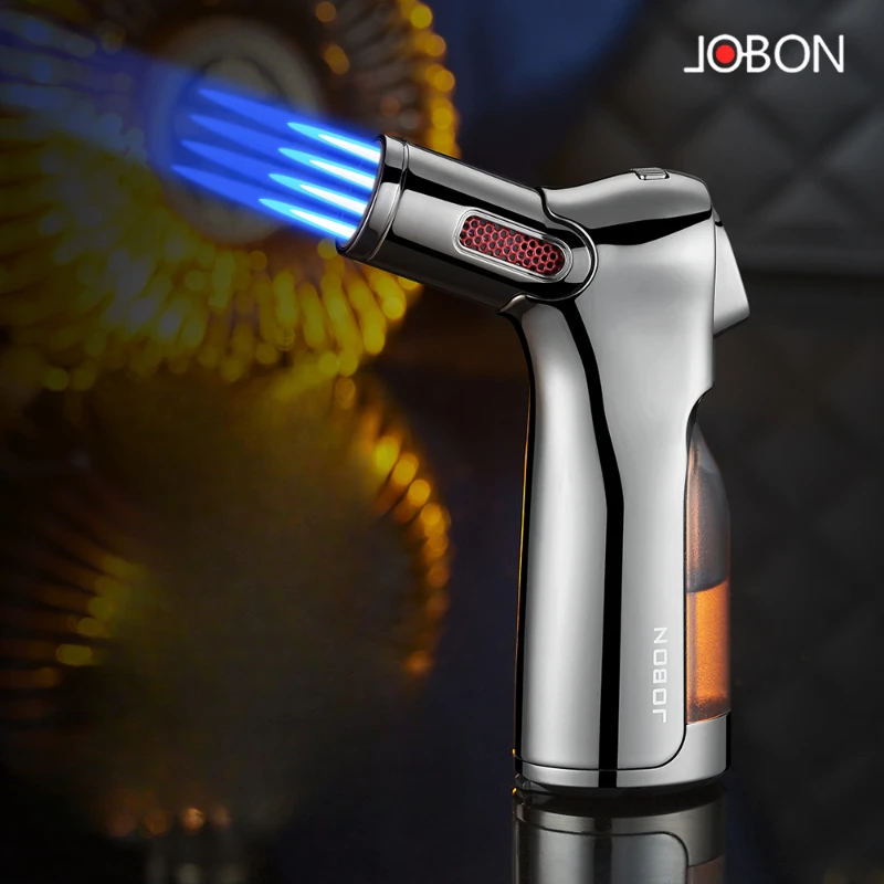 2026 JOBON Four Flame Cigar Lighter Bottom Cigar Rigger Design Security Latch Transparent Gas Window Strong Windproof Flame