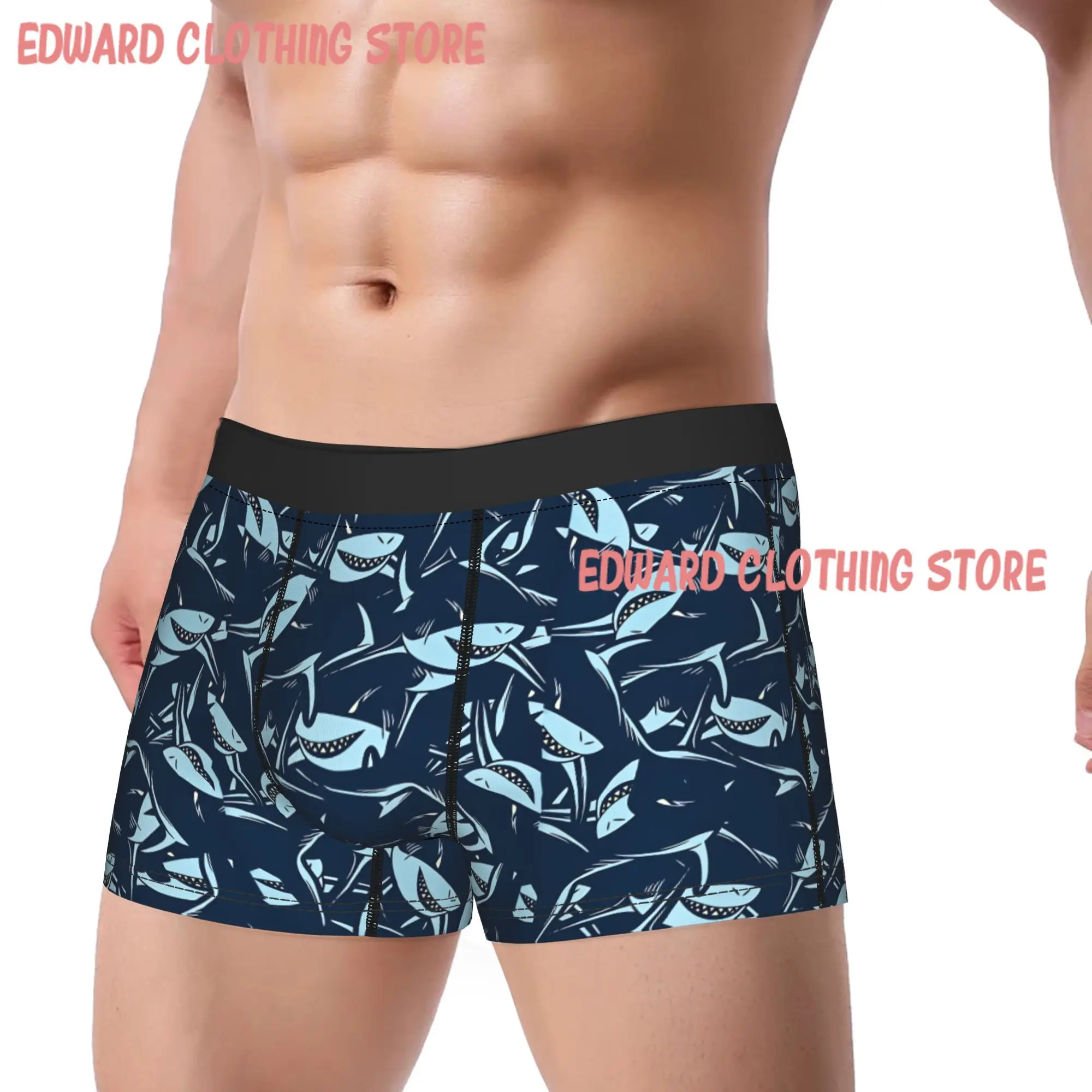Retro Line Art Shark Seamless Pattern Navy Blue Background Underwear  Soft Trend Underpants Printing Shorts Briefs