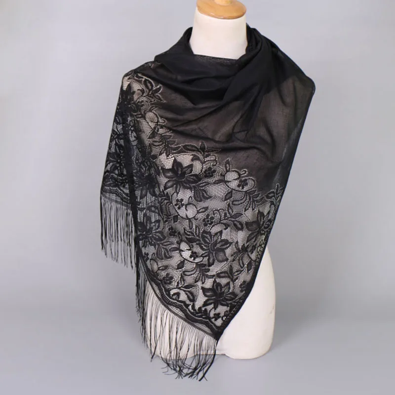 Muslimische Frauen Spitze Schal Schal Elegante Abendkleider Schals Hohl Quaste Schals Wraps Schal Femmal Mesh Garn Hochzeit Schal – Detail 14