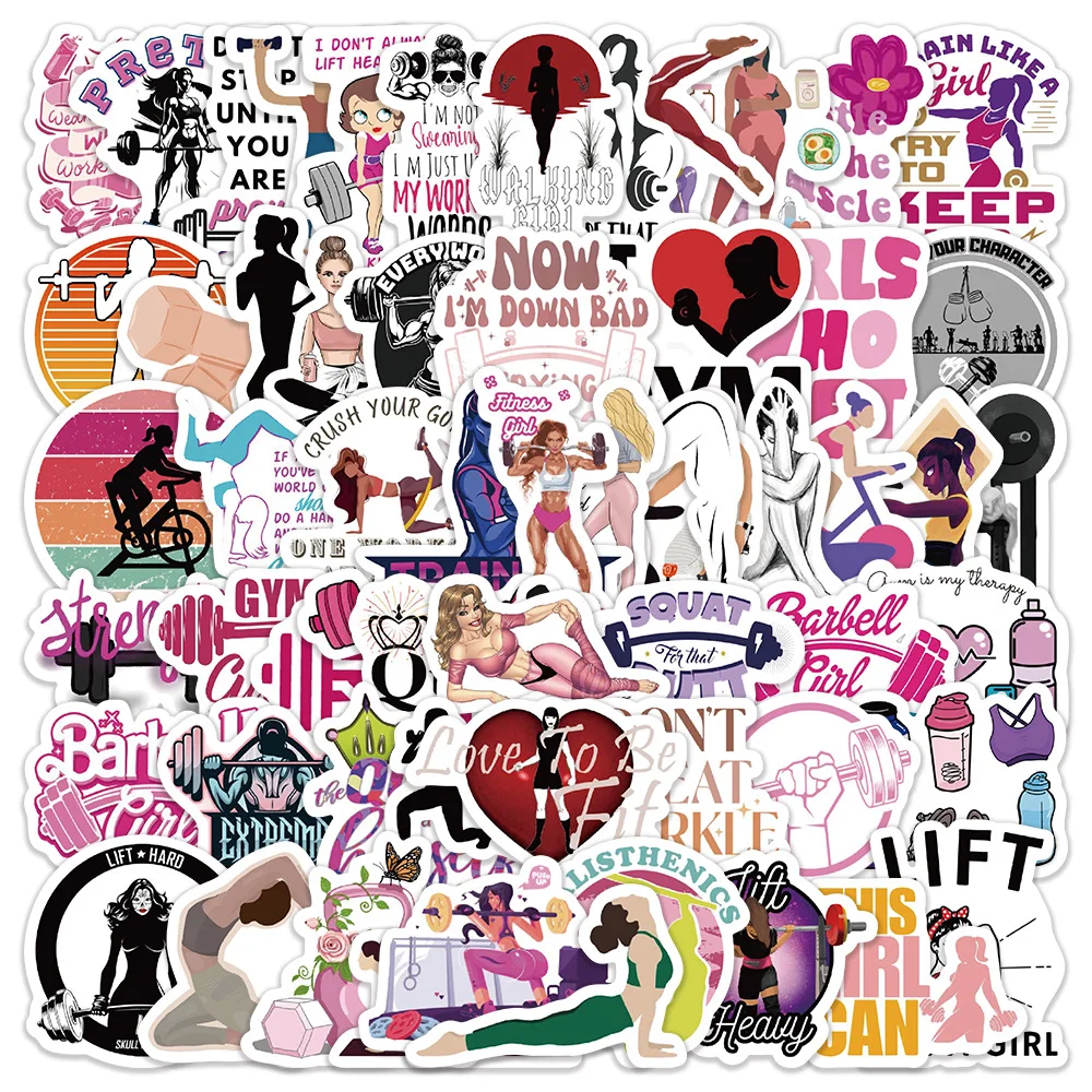 10/30/60PCS Women’s Fitness Sticker Cartoon Sports Graffiti Decoration Water Cup Guitar Phone Case Refrigerator Waterproof Decal