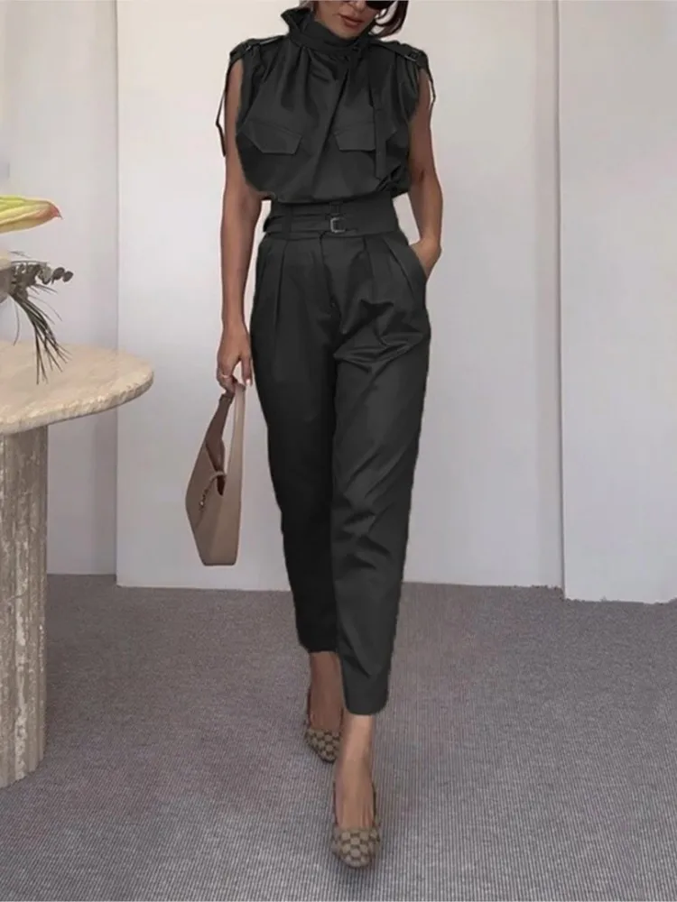 Summer Women Solid Patchwork Chic Matching Set, Cargo Pants Fashion Simple Outfit, Sleeveless Turtleneck Ladies Suits Streetwear