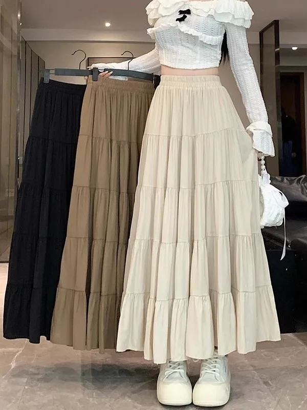 

plus Size A-Line Midi Skirt Women's Loose Flattering Meat Concealing Extra Slimming Long Umbrella Skirt Korean Sle Pleated