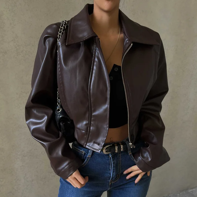 Street Leather Women' Jacket Wine Red Turn Down Long Sleeve Pu Female Coats 2024 Vintage Pocket Zipper Motorcycle Lady Outwears