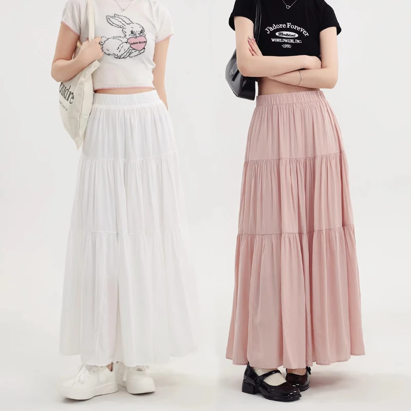 

White Mid Length Cake Skirt Spring Summer Women Elastic Waist Loose Soft Breathable Casual Holiday A-line Skirt Simple Pink