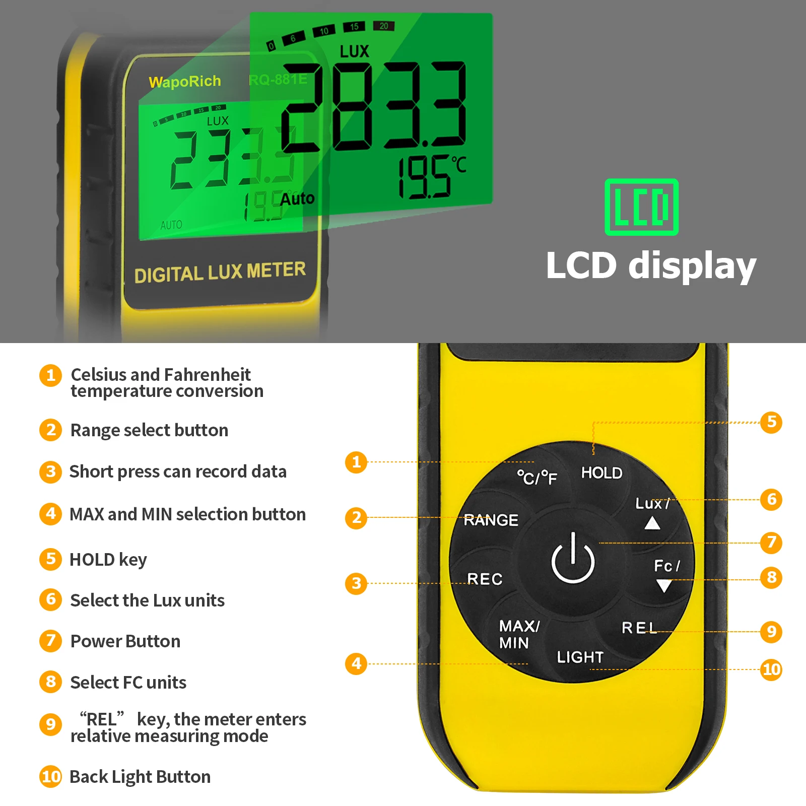 

Digital Illuminance Meter with Separate Light Sensor-Low Power LCD,33 Data Storage,℃/℉ Conversion,Ideal for Light Testing