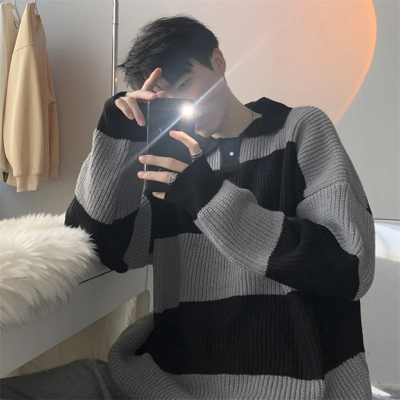 

High Quality Mens Turn Down Neck Sweaters Pullover Knitted Sweater Men Casual Pullovers Autumn Winter Warm Knitwear Man D100