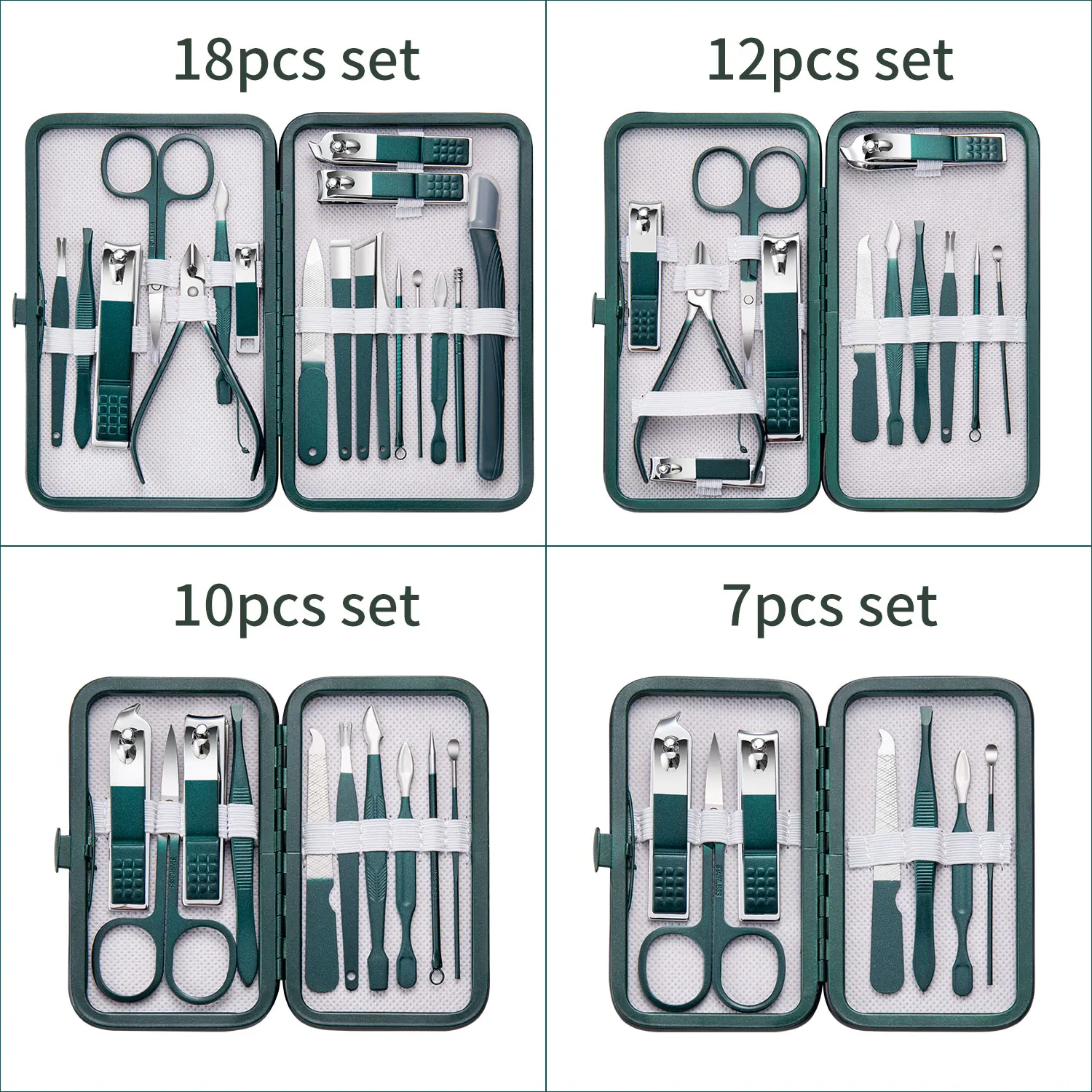 매니큐어 세트, 스테인레스 스틸 네일 커터, 손톱 클리퍼 트리머, 눈썹 가위, 트위저 이어 스푼, 페이셜 카, 7 개, 10 개, 12 개, 18 개