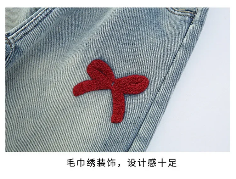 Girls Loose Wide-leg Jeans Soft Trousers Children Bowknot Embroidery Straight Denim Pants Spring Autumn Clothing 5-12 Years
