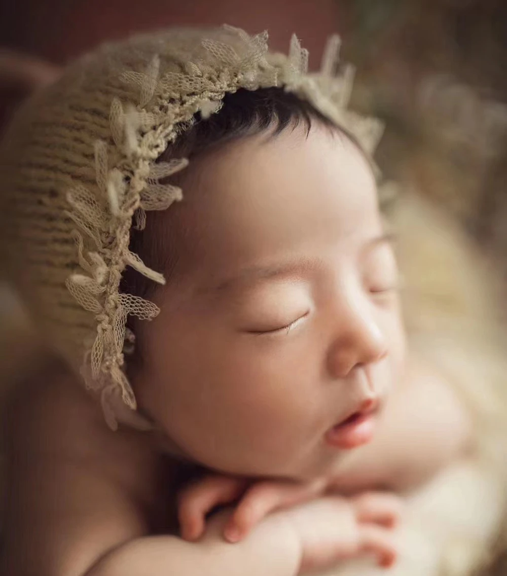 Mohair Baby Girl Hat with Lace Newborn Photography Props Crochet Baby Girl Bonnet Fotoshooting Newborn Hat Infant Accessories