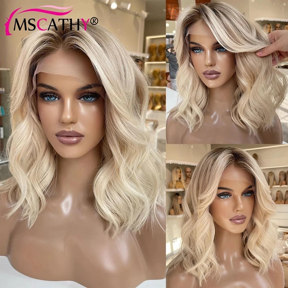 

13x4 Ash Blonde Ombre Wigs For Women Human Hair Body Wave Real HD Transparent Lace Frontal Wig Brazilian Remy Hair Short Bob Wig