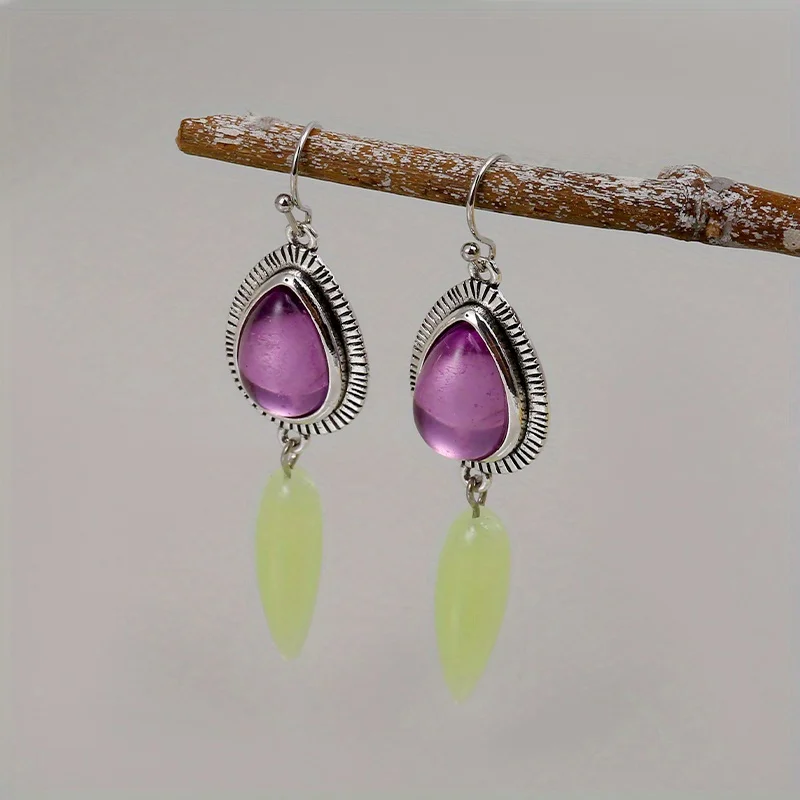 Ethnic Silver Color Metal Water Droplets Purple Stone Women's Earring Vintage Suspension Resin Personality Dangle Earrings