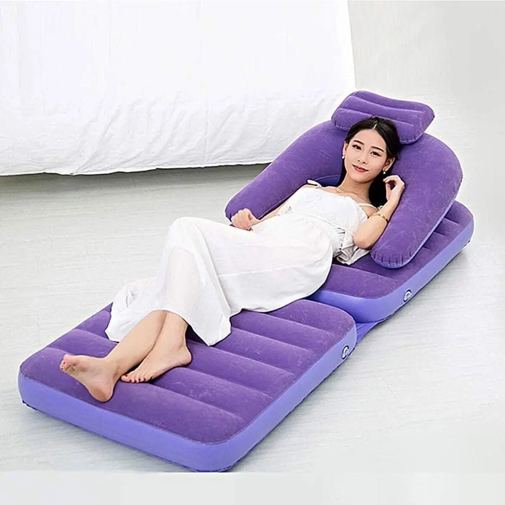 PVC Inflatable Folding Portable Sofa Chair Multi-functional Lazy Flocking Single Size Air Bed Mattress RV Purple Color