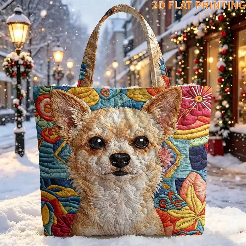 2D FLAT 1pc Women's Quilted Tote Bag Colorful Patchwork Background With Chihuahua Face Fashion Large Capacity Shoulder Tote