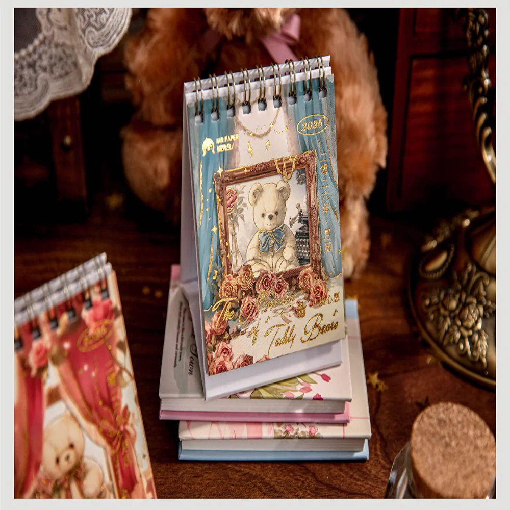 Kalendarz Mini Cartoon Bear na rok 2026, mały kalendarz biurkowy, kreatywny kalendarz spiralny, planer, dekoracja na biurko, ozdoba, artykuły biurowe.