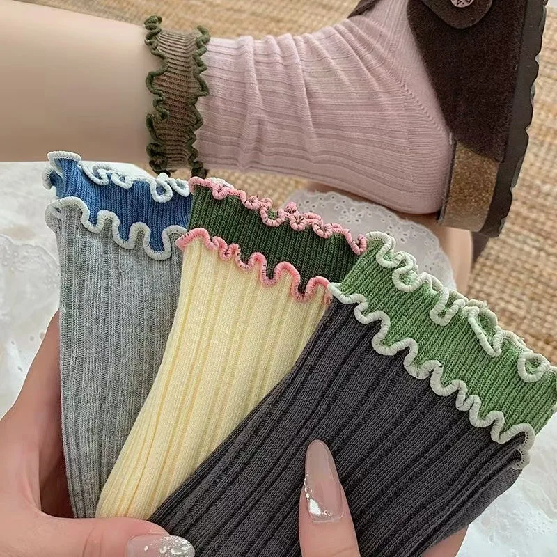 5/6 Paar doppellagige Spitzen-Mittelrohrsocken, Retro-Früherbst-Florsocken für Mädchen, weiche, bequeme, atmungsaktive Socken