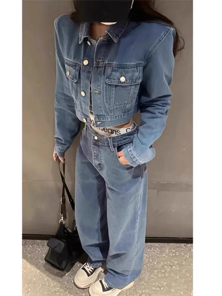 

Fuyan Blue Short Denim Set Women's Spring Autumn American Retro High-End Jacket Coat Two-Piece Set Long Sleeve Flip Collar