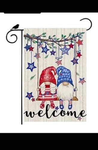Welcome Tree Patriotic Gnomes On A Swing, USA Flag 28x40