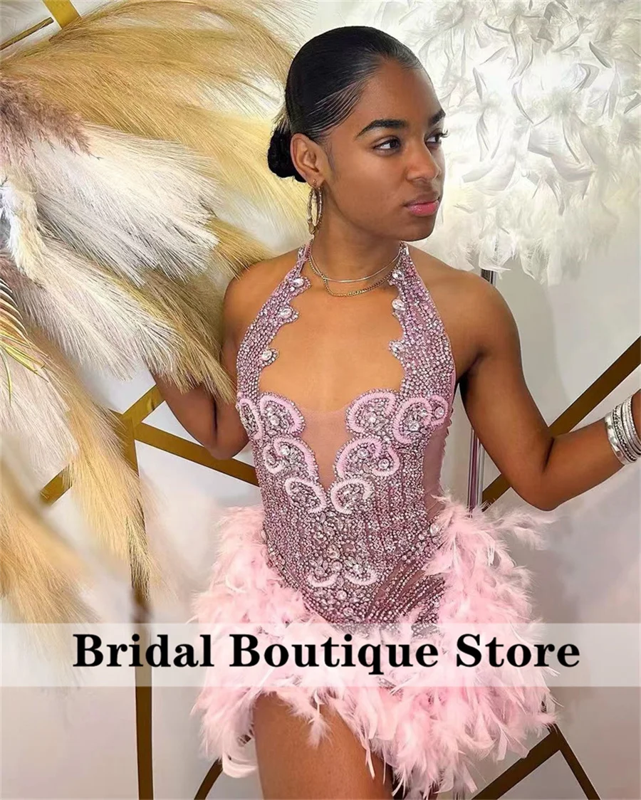 Sexy Stunning Pink Diamonds Short Prom Dress For Black Girls Halter Crystals Beading Birthday Party Hoco Dress Customized