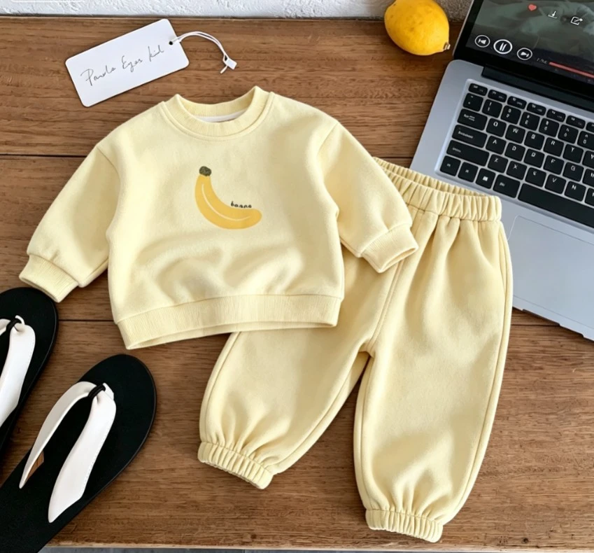Baby Autumn Casual Sweatshirt Tracksuit Child Apple Banana Fruit Printed Crew Neck Top And Long Pants Kid Popular Clothing Suits