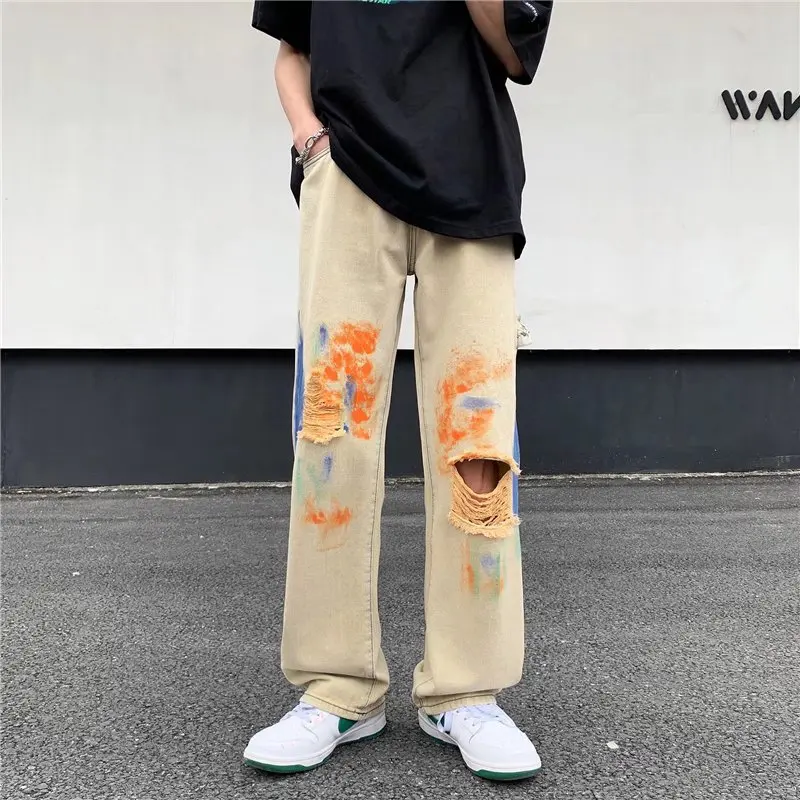 Graffiti Print Ripped Jeans Men Hip Hop European Streetwear Handsome Cool Denim Y2k Clothes Trouser All-match Fashion Джинсы Ins