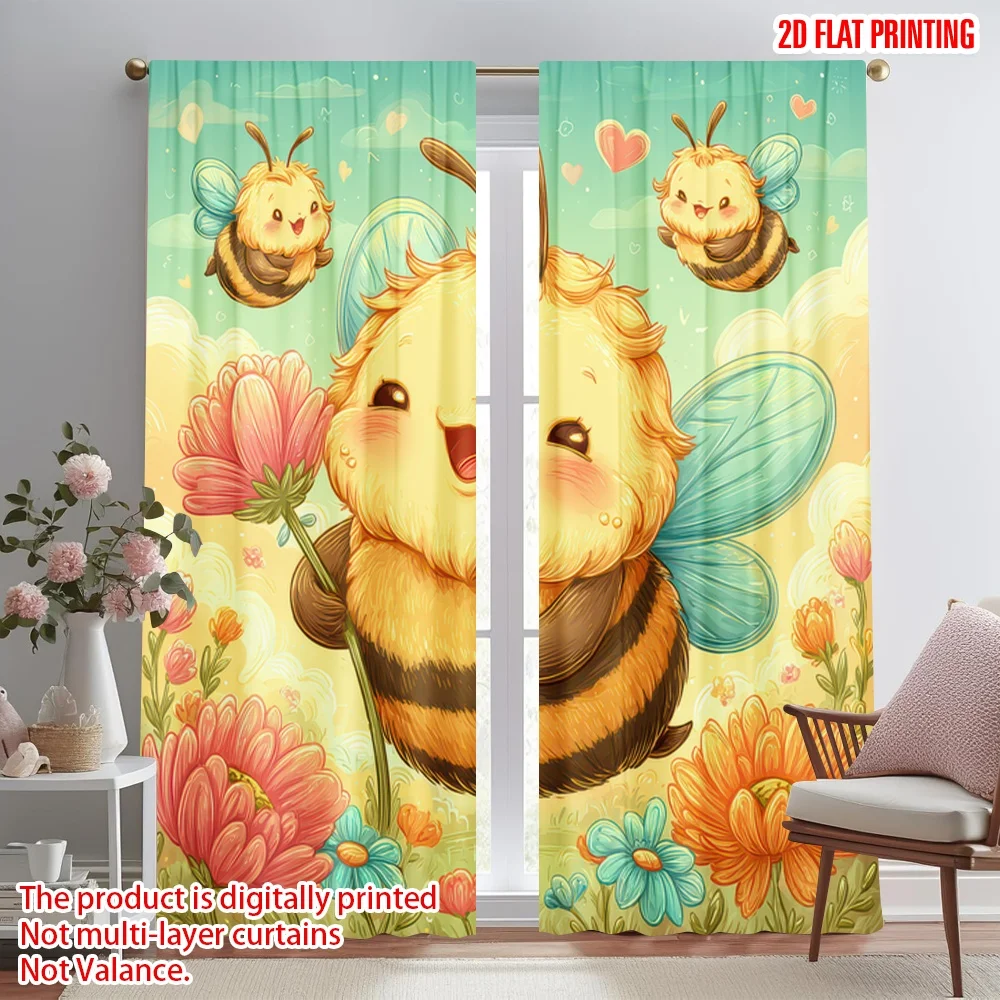 

2D flat printing 2pcs Curtain Cute Bees and Flowers Digital Printed Polyester Drapes Festive Curtains Use for Bedroom Office
