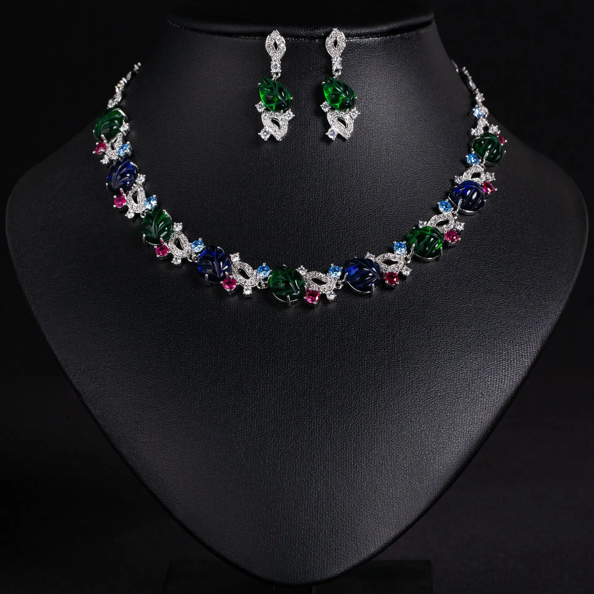 HIBRIDE Premium Light Luxury Colourful Leaves Charming Necklace Earrings Jewellery 2 Piece Nigerian Women Party Prom Gift S-798