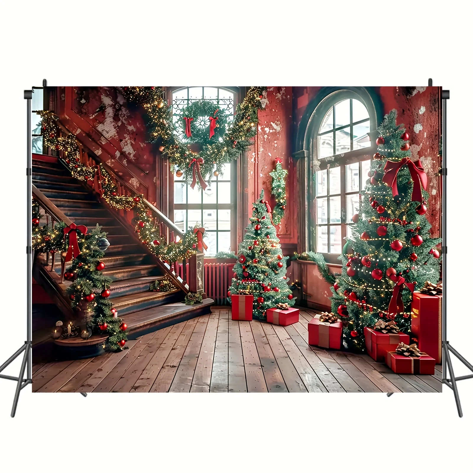 Christmas Cabin and Candy Tree Photographic Background - Versatile polyester fabric for holiday parties and decorations