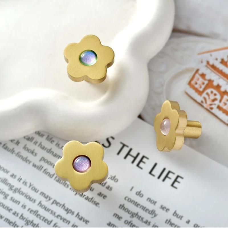 2 Pieces Flower Shape Brass Handle Inlaid with Resin Colored Beads Drawer Handle Creative Cute Children's Room Furniture Knob