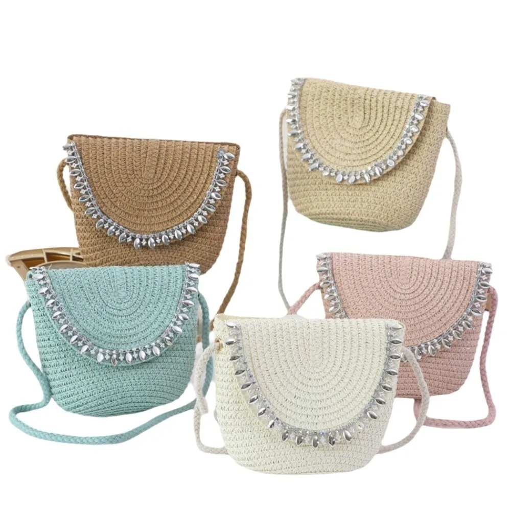 

New Diamond Design Straw Bag Knit Texture Half Round Handmade Bag Small Purse Mini Handbag Messenger Bag Summer Beach