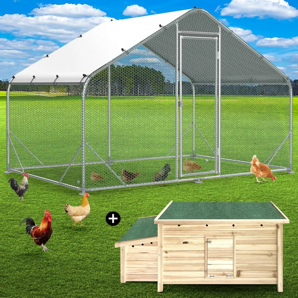 Chicken Coop, 9.7'L X 6.2'W X 6.4'H, Walk-In Poultry Cage with Waterproof Cover and Security Lock, Wooden Chicken Coop